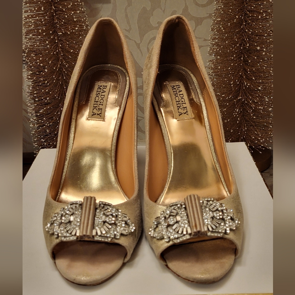 Badgley Mischka Gold Stiletto Heels with Crystal Embellishments
